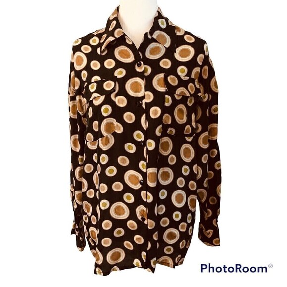 Vintage Cezar 100% Silk Circles Printed Buttoned Long Sleeve Blouse Size S/M - Picture 1 of 5